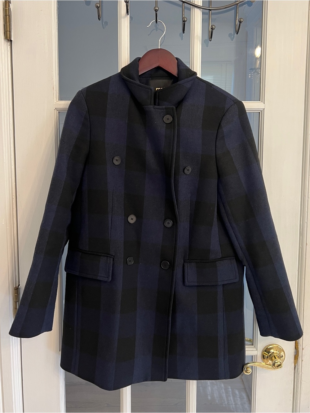MAJE Women’s Goldan Navy Black Plaid Double Breasted Blazer Coat Size FR 40 US L